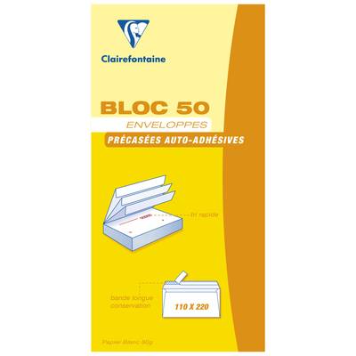 Clairefontaine 50 Enveloppes précasées auto-adhésivesen bloc, Dimensions   110 x 220 mm