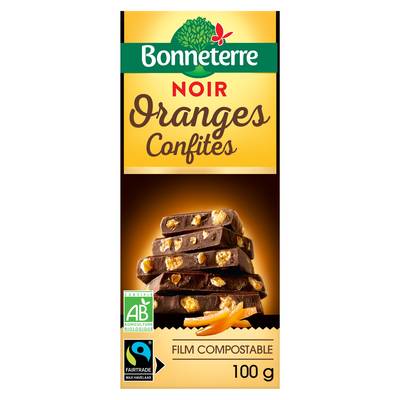 Bonneterre Chocolat noir bio oranges confites, 100g