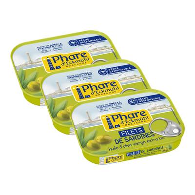 Phare d'Eckmuhl Filets de Sardine à l'Huile d'Olive extra Bio, Lot de 3x100g