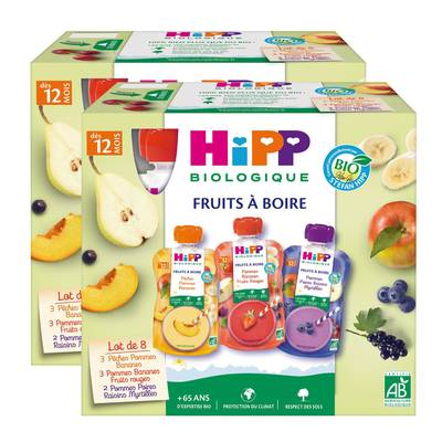 Hipp - Fruits à Boire 3 Variétés Purée de fruits et jus de fruits Bio Gourde Bébé Dès 12 mois, Lot de 2x8x12cl