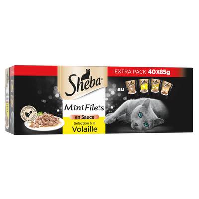 Sheba - Mini Filets Sachets en sauce Poulet, Canard, Volaille, Canard et Dinde pour Chat Adulte, 40x85g