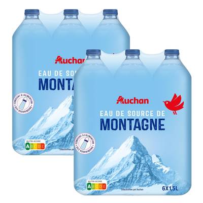 Auchan Eau de source de montagne, Lot de 2 packs de 6x1,5L