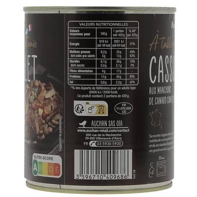 Auchan Terroir Cassoulet aux manchons de canard confits, 840g
