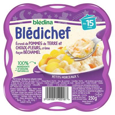 Blédina - Blédi'chef Ecrasé de Pomme de Terre et Choux Fleurs Crème Façon Bechamel Assiette Bébé Dès 15 mois, 250g