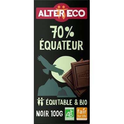 Alter Eco - Commerce Equitable Chocolat Noir 70% Cacao Bio d'Equateur, 100g