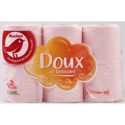 Auchan Papier toilette rose maxi doux et résistant 2 épaisseurs, 12 rouleaux papiers toilettes