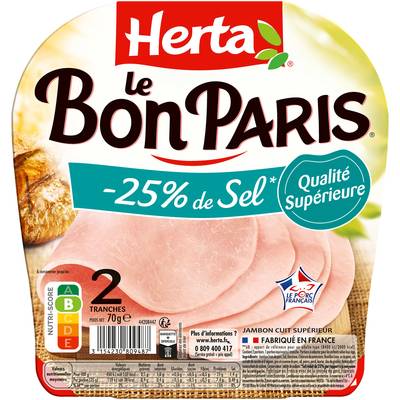 Herta Jambon Le Bon Paris, Taux de Sel Réduit - 25%*, 2 tranches - 70g