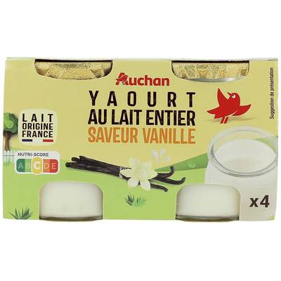 Auchan Yaourt au lait entier saveur vanille bio, 4x125g