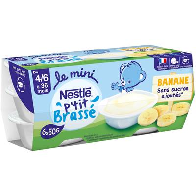 Nestlé - P'tit Brassé Mini Dessert lacté Banane Sans Sucres Ajoutés Coupelle Bébé dès 4 mois, 6x50g