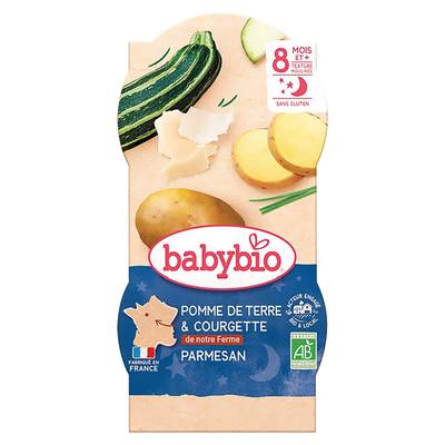 Babybio Ecrasé de Pomme de terre, Courgette et Parmesan Bio Bol Bébé Dès 8 mois, 2x200g
