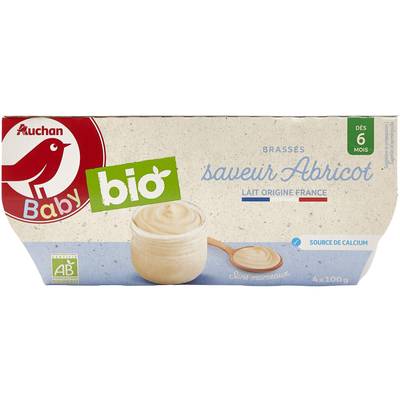 Auchan Baby Bio Dessert Lacté Brassé à l'abricot Bio Coupelles Bébé dès 6 mois, 4x100g
