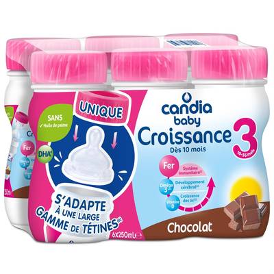 Candia - Baby Lait de Croissance 3 Liquide Chocolat  Bébé Dès 10 Mois, 6x25cl