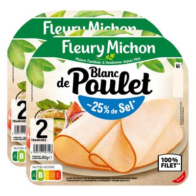 Fleury Michon Blanc de Poulet, Taux de Sel Réduit - 25%*, Lot 2x80g