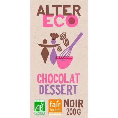 Alter Eco - Commerce Equitable Chocolat noir dessert 50% Cacao Bio du Pérou, 200g