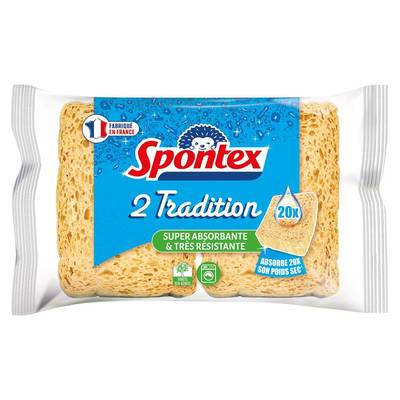 Spontex Éponges Tradition x2, Super Absorbante et Très Résistante, 2 pièces