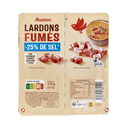 Auchan Lardons Fumés Réduits en Sel, 2x75g