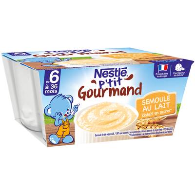 Nestlé - P'tit Gourmand Dessert Lacté Semoule au lait Coupelle Bébé Dès 6 mois, 4x100g