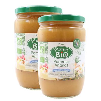 Planet Bio Purée de Pommes Ananas bio sans sucres ajoutés, 2x630g