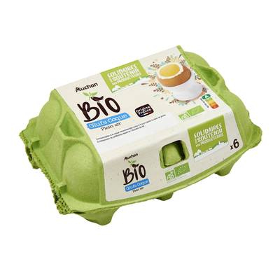 Auchan BIO OEufs de poules Bio élevées en plein air, 6 oeufs