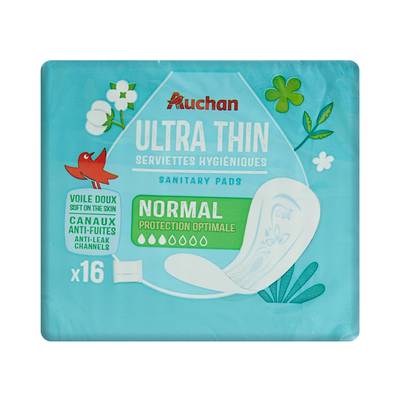 Auchan Serviettes hygiéniques sans ailettes regular, 16 serviettes