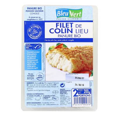 Bleu Vert Filets de colin-lieu MSC panure bio, 2x100g