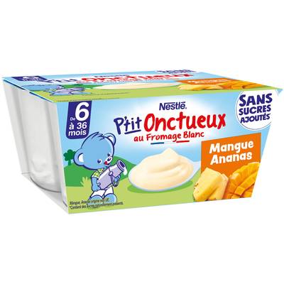 Nestlé - P'tit Onctueux Dessert Lacté Mangue Ananas Fromage Blanc Coupelle Bébé dès 6 Mois, 4x90g