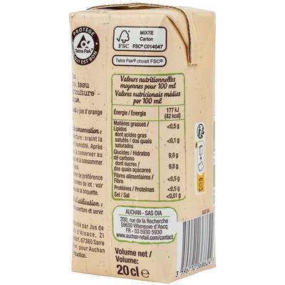 Auchan BIO Pur jus d'orange bio, 6x20cl