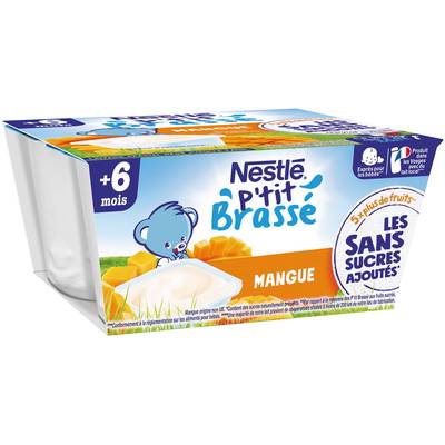 Nestlé - P'tit Brassé Dessert Lacté Mangue Coupelle Bébé Dès 6 Mois, 4x90g