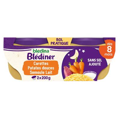 Blédina - Blédîner Duo de Carottes, Patates Douces et Semoule Bol Bébé Dès 8 mois, 2x200g