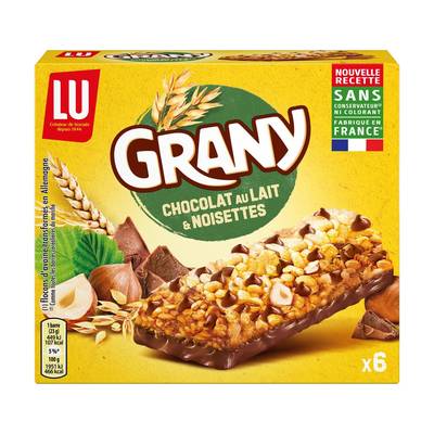 Grany Barres Céréales Chocolat au Lait et Noisettes, 6 barres