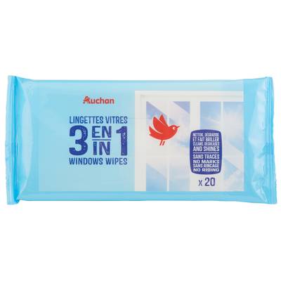 Auchan Lingettes vitres 3en1, 20 lingettes