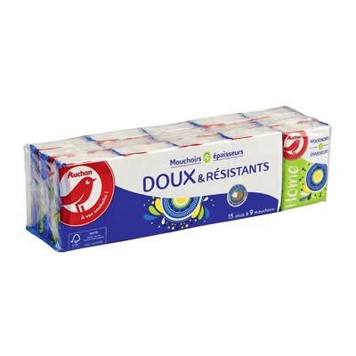 Auchan Mini paquets de mouchoirs 4 épaisseurs, 15 paquets de 9 mouchoirs