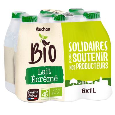 Auchan Solidaires Bio Lait écrémé équitable bio UHT, 6x1L