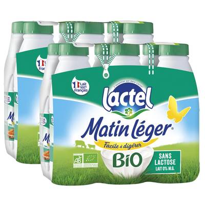Matin Léger de Lactel Lait Bio écrémé, 2 packs de 6x1l