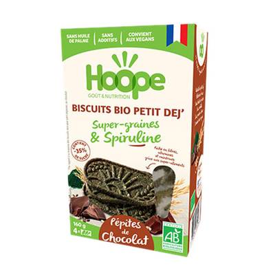 Hoope Biscuits Pti-Déj Super Graines et Spiruline - Pépites de Chocolat Bio, 160g