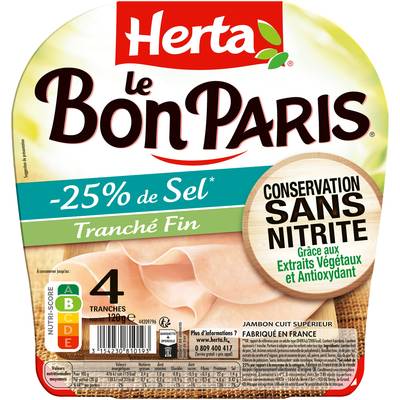 Herta Jambon Taux de Sel Réduis, Tranches Fines Le Bon Paris, 4 tranches - 120g