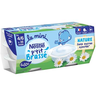 Nestlé - P'tit Brassé Mini Dessert Lacté Nature Coupelle Bébé Dès 4/6 mois, 6x50g