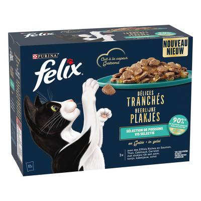 Purina - Félix Sachets en Gelée Délices Tranchés Sélection de poissons 4 variétés pour chat Adulte, 12x80g