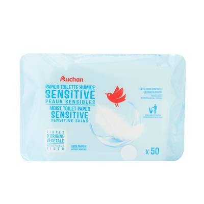 Auchan Lingettes papier toilette humide blanc peaux sensibles, 50 papiers toilettes humides