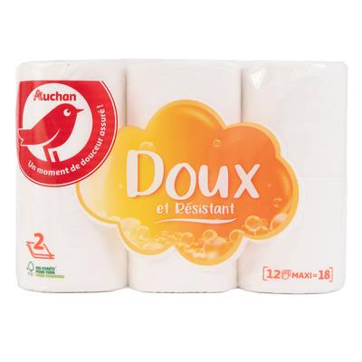 Auchan Papier toilette blanc maxi doux et résistant 2 épaisseurs, 12 rouleaux papiers toilettes