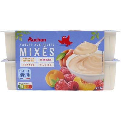 Auchan Yaourt aux fruits mixés abricot/nectarine framboise fraise pêche, 16x125g