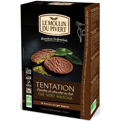 Le Moulin du Pivert Biscuits Tentation Thé Vert Matcha Chocolat Bio, 130g