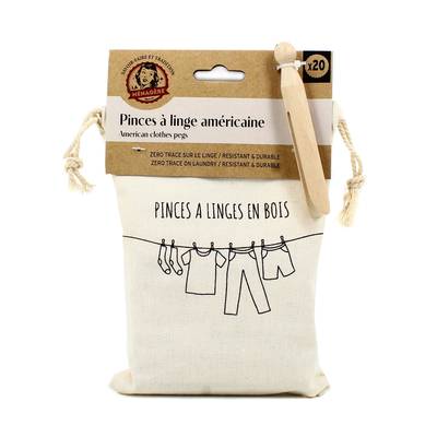 Ménatex Pinces à linge bois américaines avec son sac coton, 20 pièces