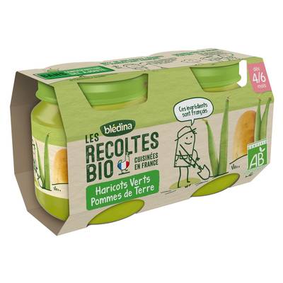 Blédina - Les Récoltes Bio Haricots Verts, Pommes de Terre Bio Pots Bébé Dès 4 mois, 2x130g