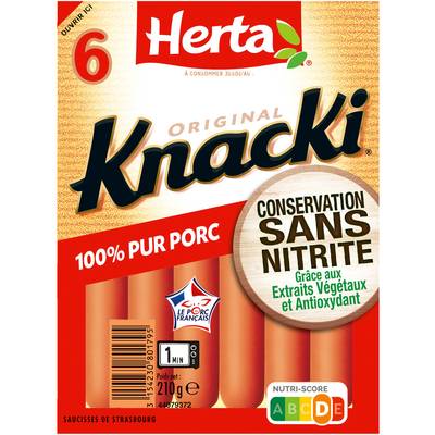 Herta Knacki Original 100 % Pur Porc Conservation Sans Nitrites, 6 saucisses - 210g
