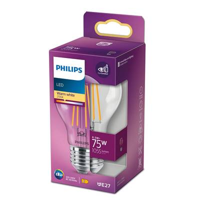 Philips Ampoule E27- 8,5W LED Classique Transparente Blanc Chaud, E27  75W