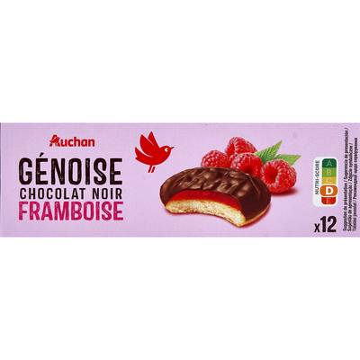 Auchan Génoises nappées de chocolat noir saveur framboise x12, 150g