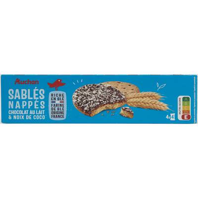 Auchan Biscuits sablés aux céréales nappés chocolat au lait et coco, 200g