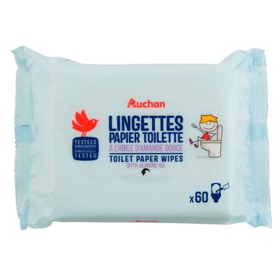 Auchan Lingettes papier toilette à l'huile d'Amande douce, 60 lingettes