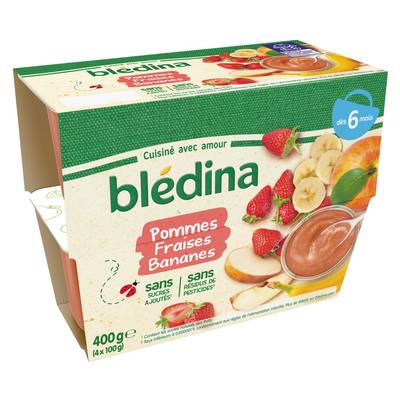 Blédina Pommes, Fraises, Bananes Coupelle Bébé Dès 6 mois, 4x100g
